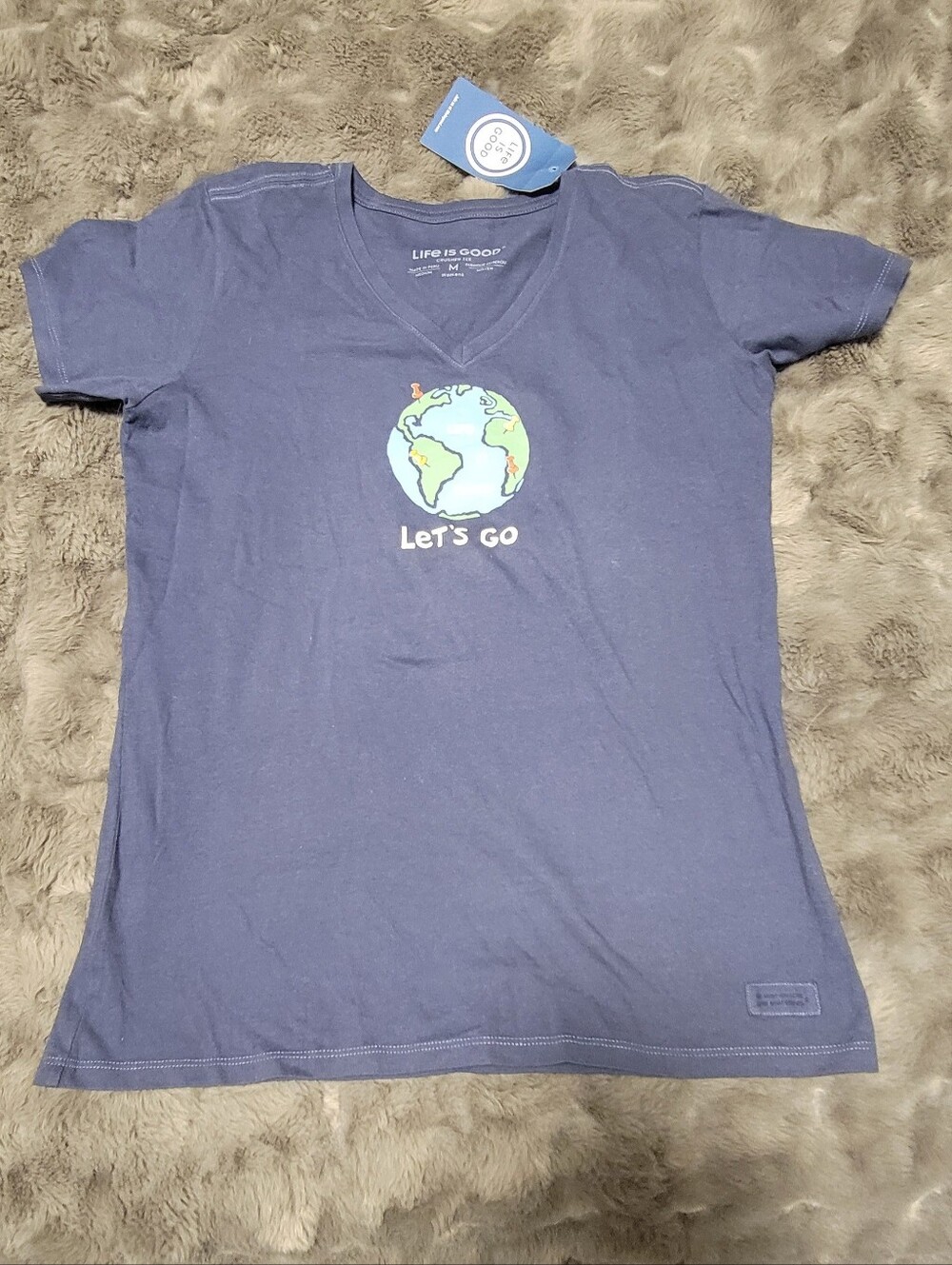 Life Is Good Navy Kids V‑Neck 'Let's Go' Globe Tee